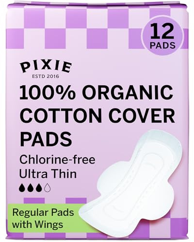 Pixie – Serviettes Hygiéniques en Coton Biologique pour Femmes – Ultra Fines avec Ailettes, Anti-Fuites et Respirantes – Compostables, Sans Parfum – Absorbance Normale – 12 Unités