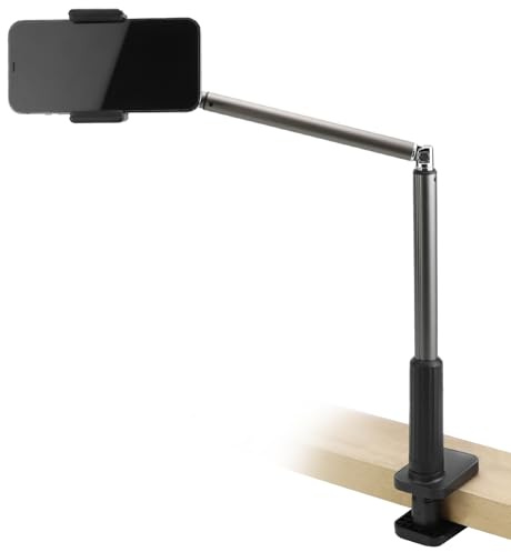 QWORK® Mobilhållare med klämma för skrivbord och säng, justerbar 360° vinkel, teleskoparm av aluminium, lämplig för 4-6,8 tum mobiltelefoner