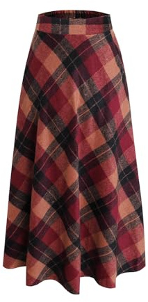 Artykey Jupe Longue Femme Hiver Vintage Élégant Taille Haute Carreaux Maxi Jupe Laine A-Ligne Plissée Skirt Rouge XXL