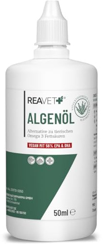 ReaVET Algenöl für Hunde, Katzen, Pferde 50 ml I Hochdosiert & Vegan Omega-3 Öl I Futteröl aus Algen unterstützt Gelenke, Stoffwechsel, Fell & Haut