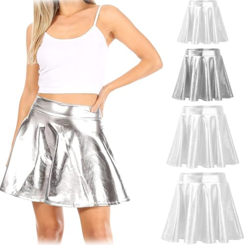 GGUFAY Falda con purpurina metálica líquida para mujer, falda plisada corta acampanada, minifalda metálica, falda de una línea, vestido de fiesta de cosplay, falda de carnaval (Plata-M)