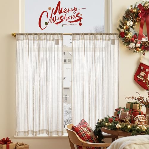 TOPICK Striped Voile Net Kitchen Curtains Flax Texture 36 Inch Drop Sheer Light Filtering Cafe Curtains Short Curtain Tiers for Bathroom Living Room Small Windows Cupboard Rod Pocket 2 Panels Crude