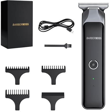 BarberBoss Tagliacapelli ricaricabile per uomo, senza fili, strumento di precisione per tagliare i capelli, set con 3 pettini guida, kit completo per la cura della barba