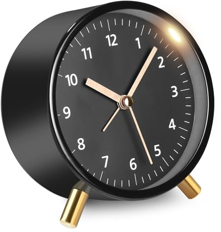 TIDEVAN Reloj Despertador Analógico Reloj Despertador de Metal Redondo Negro Despertador Analógico Silencioso sin Tictac con Luz Nocturna para Dormitorio Oficina Viajes