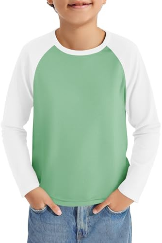 Haloumoning pojkar långärmad t-shirt barn rund hals färgblock långärmad tröja sport fritid toppar casual basic raglan skjorta 5–14 år, Grön, 9-10 år