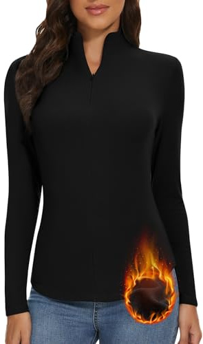 WOWENY Damen Thermo Langarmshirt 1/4 Reißverschluss Fleece Gefüttert Oberteil Stehkragen Pullover Half Zip Sweatshirt Warm Langarm Tops Schwarz,XS