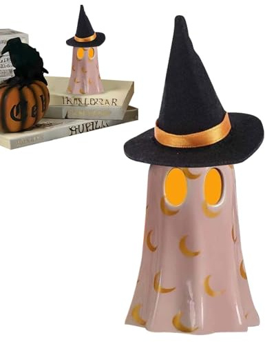 Figura de fantasma, 10 x 7 x 7 cm, pequeña escultura de resina de Halloween con sombrero de bruja iluminado para alféizar de ventana, tocador, estantería, mesita de noche, mesita de noche o vitrina