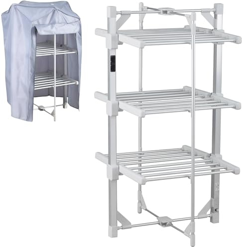 Tarrapu 3 Tier Heated Clothes Airer with Cover & Smart Timer – Electric Heated Drying Rack Indoor Folding Clothes Dryer with Auto Shut Off – Laundry Airer & Clothes Horse