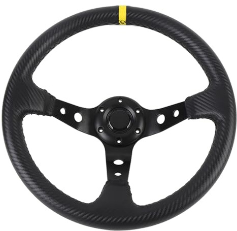 SIXRUN Volante Deportivo Universal de Fibra de Carbono de 14 Pulgadas con Botón de Bocina para Adaptador de Cubo de 6 Orificios Marco de Aluminio de Cuero PU (YELLOW)