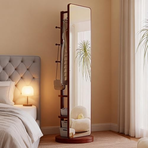 Specchio a figura intera in legno con appendiabiti, 164x40cm Specchio da pavimento con Ripiani a 2 livelli, 6 ganci, Specchi a figura intera autoportanti girevole a 360°per camera da letto, soggiorno
