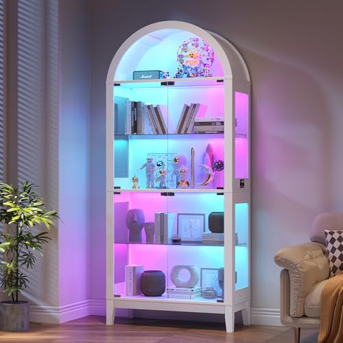 Gurexl RGB Arched Cabinet with Glass Doors for Collectibles,White | Bookcase with Dynamic Colors and Removable shelves,Floor Cabinets with Human Sensor for Curio,Figures,Living Room,Bedroom