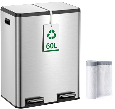 YEAUPE PRO Cubo Basura Cocina 60L Doble 2x30L, Contenedor de Reciclaje de Acero Inoxidable con Pedal, Cierre Suave Soft Close, Anti Olores y Cubetas Extraíbles, Grande Bote de Basura y 15 Bolsas
