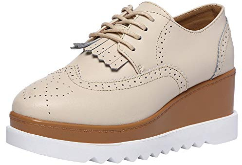 ANUFER Femmes Haut Plateforme Creepers Lacer Richelieu Gland Talon Compensé Bout Carré Trainers Chaussure Beige SN020213 EU36