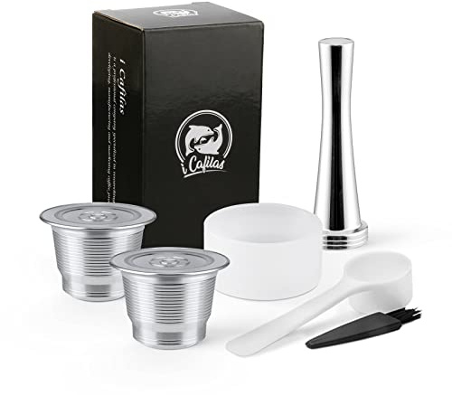 iCafilas Wiederverwendbare Kapseln aus Edelstahl, kompatibel mit Nespresso, 2 Kapseln + 1 Löffel + 1 Bürste + 1 Tamper + 1 Füllhilfsmittel