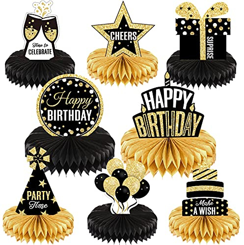 8 Pieces Happy Birthday Party Decorations Supplies Birthday Honeycomb Centerpieces Table Toppers for Party Favor Photo Booth Props, Black and Gold