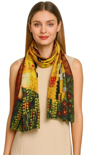 Pañuelo Mujer Hombre Tacto Seda Reversible Suave y Elegante con 2 Diseños Artísticos Inspirados en Pinturas Famosas 170x63cm Accesorio Versátil y Regalo Original Amarillo