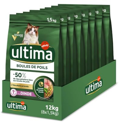 Ultima Croquettes pour Chat Boules de poils avec de la Dinde - Pack 8 x 1,5kg