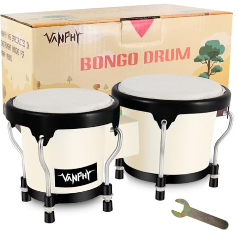 VANPHY Bongo trumset 4 tum och 5 tum för vuxna nybörjare, inställbar, naturlig hud, bongoslagverksinstrument med stämnyckel och presentask (vit)