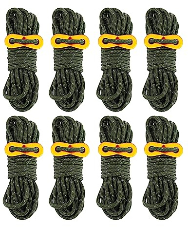 Smithok 8 Pack 4mm Guy Lines Ultralight Tent Cords with Aluminum Adjuster Tensioner Outdoor Camping Guylines Ropes for Tent Tarp,Hiking Backpacking (Army-Green)