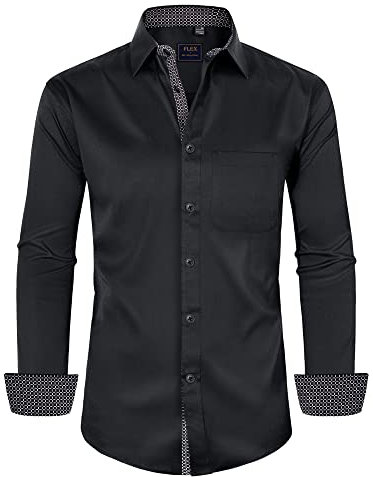 siliteelon Mens Shirts Non Iron Black Shirt Men Printed Regular Fit Shirts for Men Adult Stretch Mens Dress Long Sleeve Casual Formal Shirt with Pocket Work Funeral Concerts