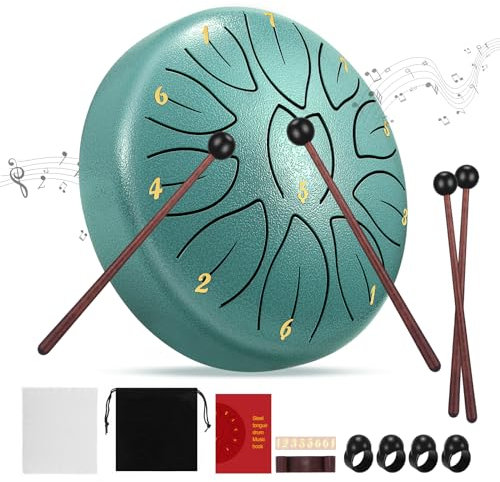 Steel Tongue Drum 6 Inch 11 Notes, Tongue Drum D Major Beginner Hand Drum Percussion for Meditation Yoga Musical Education with Drumsticks Drumstick Stand Tutorial Book Note Stickers Finger Cots
