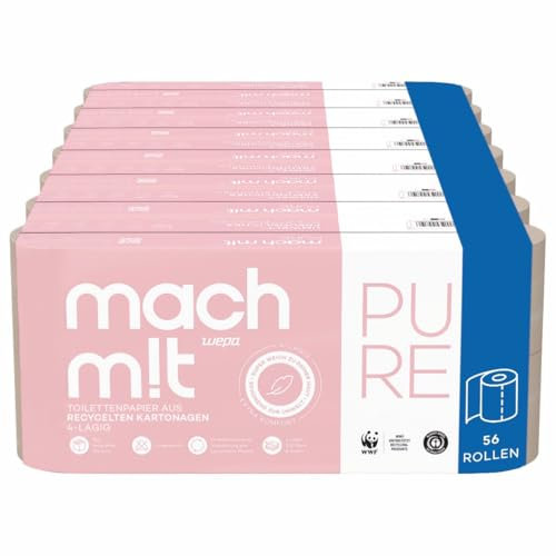 Premium Toilettenpapier 4-lagig - 56 Rollen - mach m!t PURE – frei von Bleichmitteln - aus recyceltem Karton - extrem weich & umweltschonend - Made in Germany - recycelbar - 130 Blatt je Klorolle