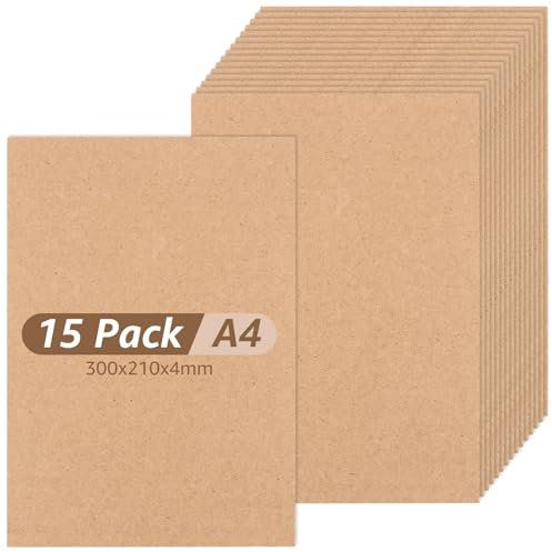 AKOLAFE 15 Stück MDF Platten 4mm MDF Platte A4 Hartfaserplatte 300 x 210 x 4 mm Holzplatten zum Basteln Rechteckiges Holzplatte für Lasergravur, CNC Router, Modellierung, Durchbrochenes, DIY (Braun)