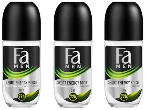 Fa Men Deo Roll-on Sport Energy Boost (3x 50 ml), Anti-Transpirant mit bis zu 72 h Schutz vor Schweiß & Körpergeruch, Deo mit dem aktivierenden Duft von Ingwer & Zitrone