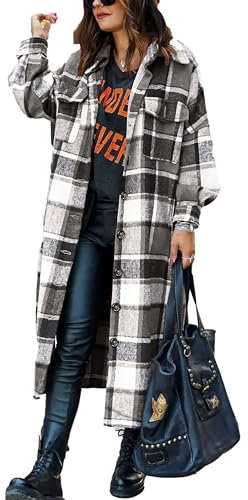 Jhsnjnr Karierte Jacke Damen Lange Wollmischung Hemdjacke Langarm Flanell Karohemd Knöpfen Lässiges Shacket Mantel