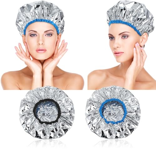 2 cappucci termici per condizionamento profondo, per il trattamento dell'olio, a doppio strato, in alluminio, riutilizzabili, per la lavorazione dei capelli, per la tintura di capelli lunghi e spessi