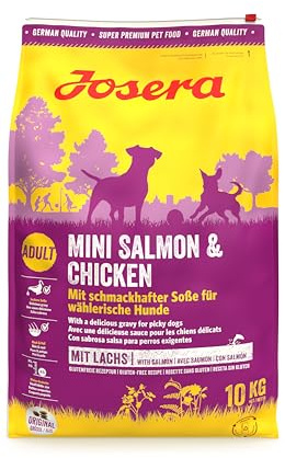 JOSERA Mini Salmon & Chicken (1 x 10 kg) | Adult Mini | Premium Trockenfutter für ausgewachsene Hunde Kleiner Rassen | kleine Kroketten | mit leckerem Soßenpulver auch nass zu verfüttern | 1er Pack