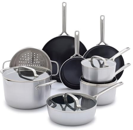 GreenPan GP5 Vista 5-Ply Stainless Steel 12 Piece Cookware Pots & Pans Set, Healthy Ceramic Nonstick PFAS-Free, Induction, Frying Pans, Sauté, Saucepans, Stock Pot, Glass Lids, Dishwasher & Oven Safe