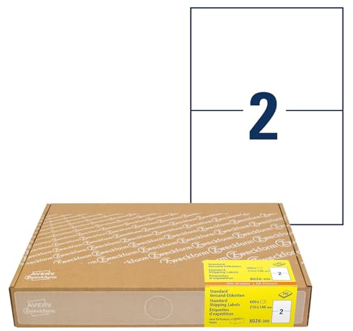 AVERY Zweckform 8026 Versandetiketten (600 Klebeetiketten A5, 210x148mm auf A4, bedruckbare Versandaufkleber für Hermes, DHL, GLS, DPD, UPS, Fedex, selbstklebende Adressetiketten, 3655) 300 Blatt