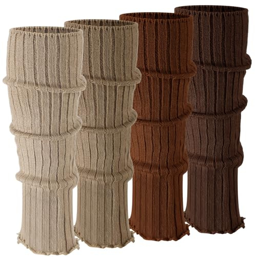 Ramede 4 Pairs Spring Leg Warmers for Girls Kawaii Y2K 80s Japanese Ribbed Leg Warmers Easter Women Lolita Socks Cover(Khaki, Coffee, Caramel, Oatmeal Color,Classic Style)