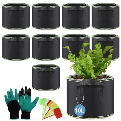 efuturetime 10 unid. 10L Bolsa Redonda para Plantar φ24 × 21.5cm Maceta de Tela Transpirable con Paneles de Guante de Mango para Vegetales Flores Plantas de Interior y Exterior, Negro