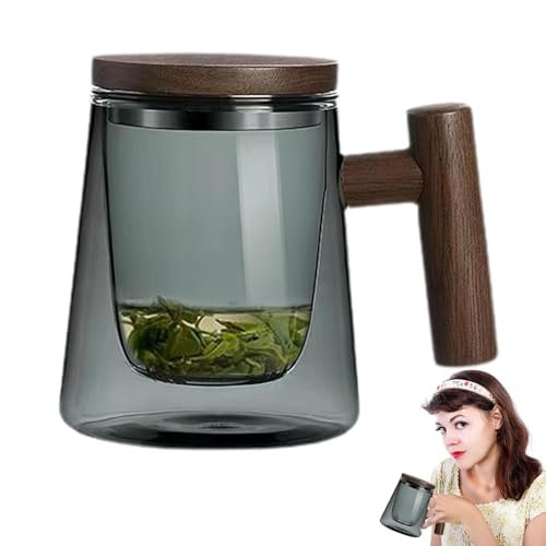 Taza de té infusora de 430 ml, cómoda taza de té con infusor y tapa, taza grande de madera maciza, taza de té suelta de cerámica con coladores finos para difusores