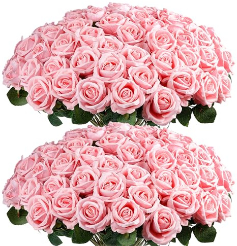 Auihiay 60PCS Pink Roses, Artificial Roses, Fake Roses, Velvet Silk