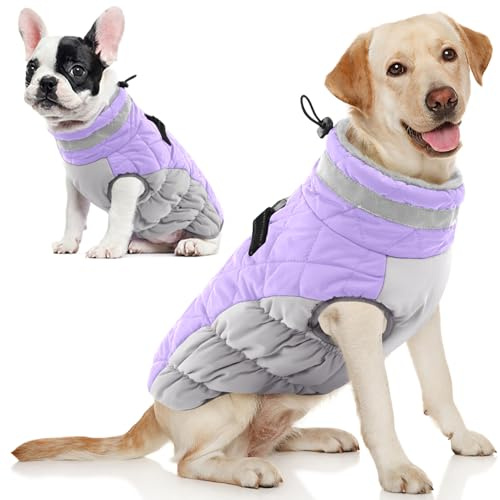 AOFITEE Dog Coat, Warm Dog Winter Coat, Reflective Turtleneck Large Dogs Jacket with Harness Built in, Turtleneck Pet Winter Jacket, Waterproof Pet Snow Jackets Fleece Vest, Lilac XL