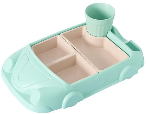 Kid Dinner Plates Set, Divided Car Shaped Tableware Set with Separate Plates & Milk Cup, Shatter- Resistant Toddler Plates Feeding Set, Reusable Dishes for Kids Girls and Boys (Green)