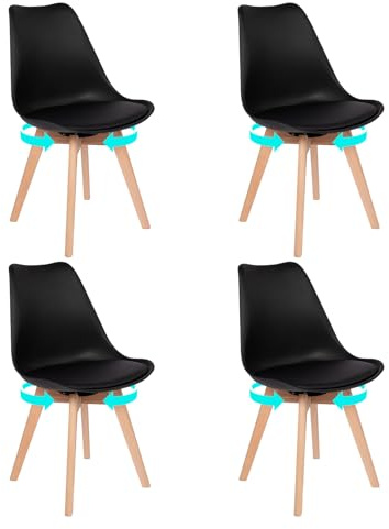 EGGREE Lot de 4 Chaise Salle a Manger Pivotantes, Chaises Rembourrées avec Jambes en Hêtre Massif, sans Bras Chaise avec Plateau Tournant, Noir