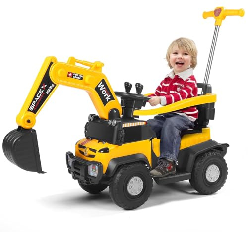STYPLZ Trattore Elettrico con Asta Scorrevole, Escavatore per Bambini, 12 V, Auto Elettrica con Luce LED, Sistema Musicale, Protezione Completa a 360°, con Faro, per Bambini a partire da 3 Anni