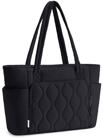 Ceneda Quilted Puffer Tote Bag for Women, Lightweight Work Tote with Zip, Fits 15.6 Inch Laptop, Wet Pocket & Water Bottle Holder for Work, Travel, School & Gym, Black