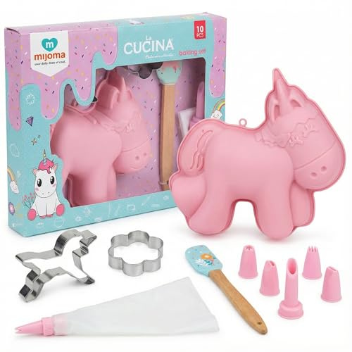 MIJOMA Barn bakset 10 delar med silikon, bakform, dinosaurie eller enhörning inkl. kakskärare degskrapa spritpåse och tyllar barnbaktillbehör, set för små bagare (enhörning)