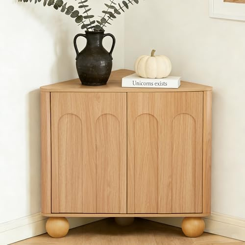 FurSch Modern Corner Cabinet with Storage, Space Saving Small Corner Cabinet with Adjustable Shelve & Curved Edge for Living Room Kitchen Bathroom (Natural)