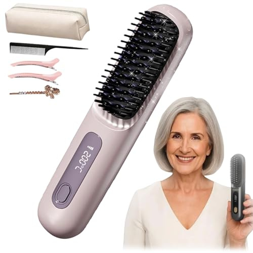 Giovencia Brosse Lissante Portable - GoBrush PRO Fer à lisser sans fil anti - brûlure -Tous cheveux, Avec affichage LED et 3 niveaux de température (160 °C à 200 °C) (Violet)