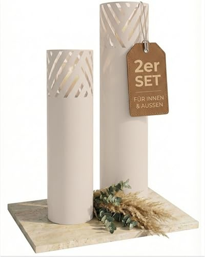 BENTSON Windlichtsäule Schattenweiß Design I 2er Set I Deko-Säule für Garten im Industrial Design I Garten Windlicht für draußen und drinnen I Laterne draußen I Rund I 95cm + 75cm