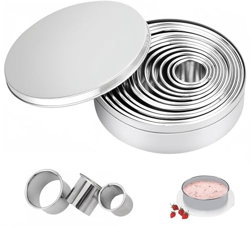 Cortadores de Galletas Redondos,12 Pcs Cortadores de Galletas Redondos Acero Inoxidable Moldes Repostería con Caja de Aluminio Cortadore de Pastelería para Donas Pastel Fondant Hornear DIY