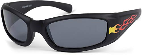 styleBREAKER Lunettes de soleil sportives pour enfants avec imprimé flammes, monture en plastique et verres polycarbonate, monture intégrale, sport 09020089, couleur:Monture noir / verre gris teinté