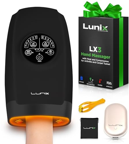 Lunix Cordless Electric Hand Massager w/Compression - 6 Levels Pressure Point Therapy Massager for Arthritis, Pain Relief, Carpal Tunnel and Finger Numbness - Shiatsu Massage Machine with Heat -Black