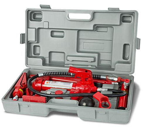 EBERTH Kit de débosselage et de redressage, Outil de carrosserie hydraulique d'une Puissance de 4T, Comprenant Un séparateur en V, 7 pièces de Pression, 3 rallonges, Pompe avec Tuyau et poignée